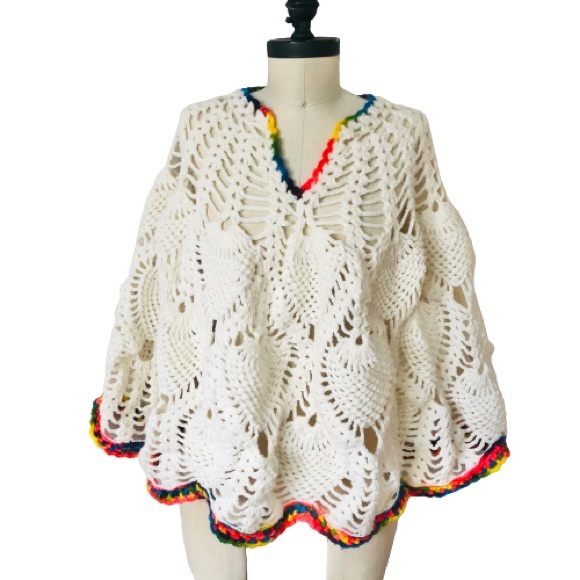 Vtg Granny Square Crocheted Poncho White + Rainbow - Picture 1 of 16
